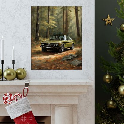 1973 BMW 30 CSL Wall Art Taiga Metallic Green Autumn Forest Sunlight Poster Classic German Sports Coupe Oil Painting Fine Art Print for Home Office Decor