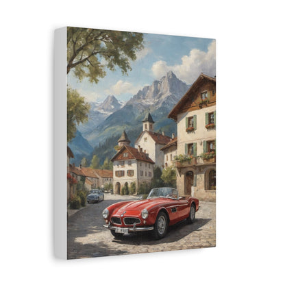 Vintage 1957 BMW 507 Roadster Canvas Wall Art | Bavarian Alpine Village Canvas Print | Impressionist Classic European Sports Car Art for Living Room & Office