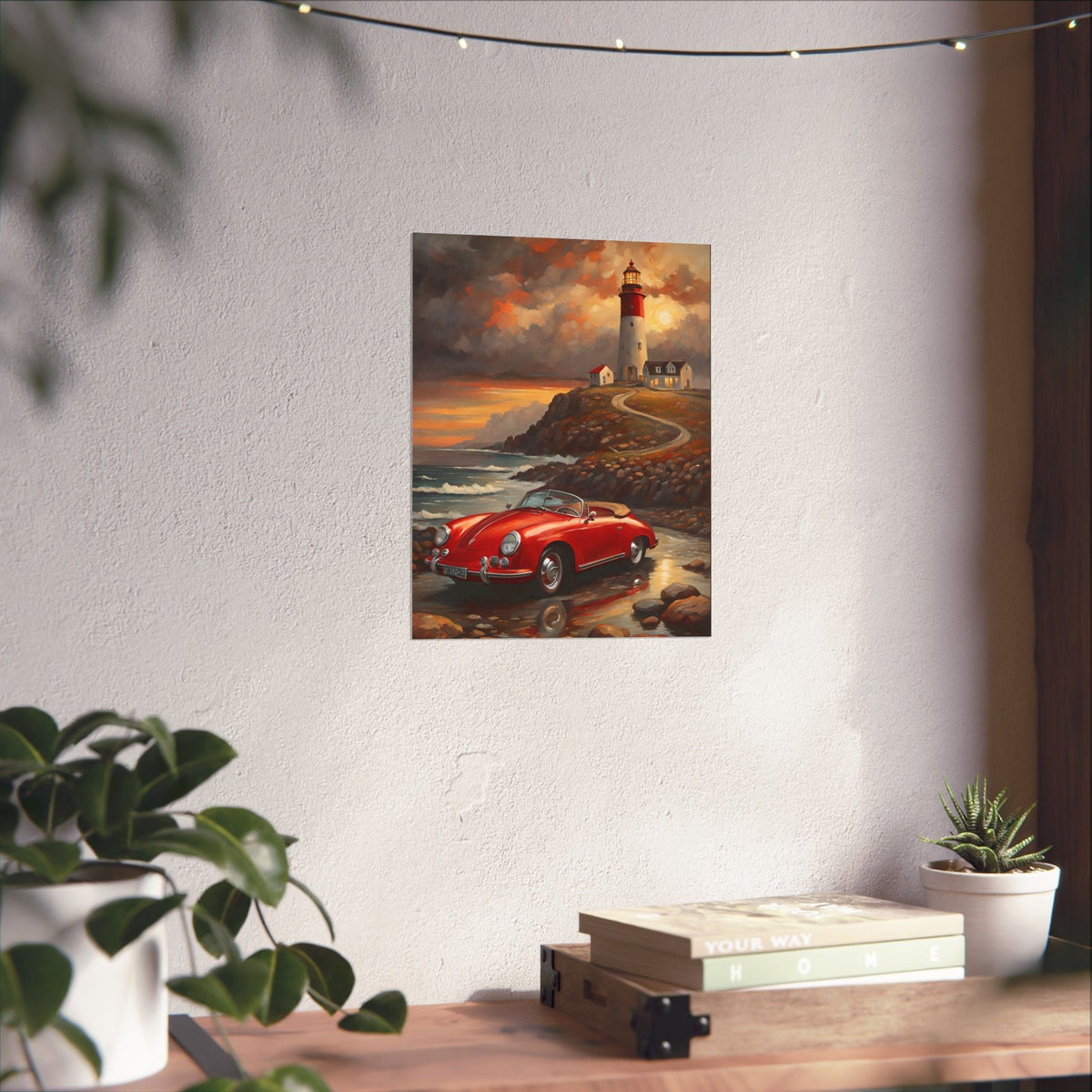 Vintage 1956 Porsche 356 Speedster Poster | Coastal Lighthouse Sunset Wall Art | Impressionist European Classic Sports Car Fine Art Paper Print