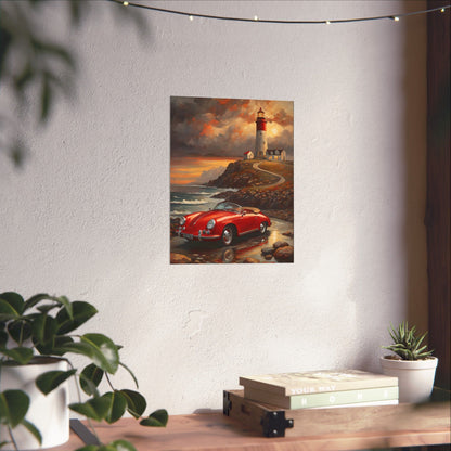 Vintage 1956 Porsche 356 Speedster Poster | Coastal Lighthouse Sunset Wall Art | Impressionist European Classic Sports Car Fine Art Paper Print