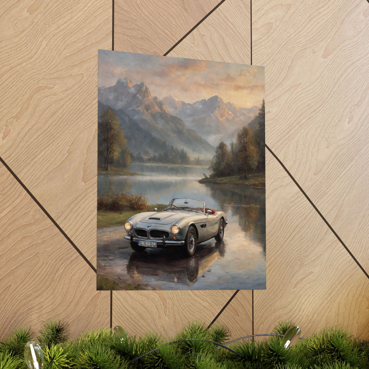 Vintage 1957 BMW 507 Roadster Poster | Alpine Lake Sunset Reflection Wall Art | Impressionist European Classic Sports Car Fine Art Paper Print