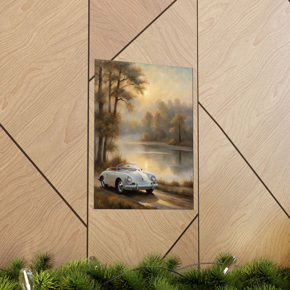 Vintage 1956 Porsche 356 Speedster Poster | Misty Lakeside Sunrise Wall Art | Impressionist European Classic Sports Car Fine Art Paper Print