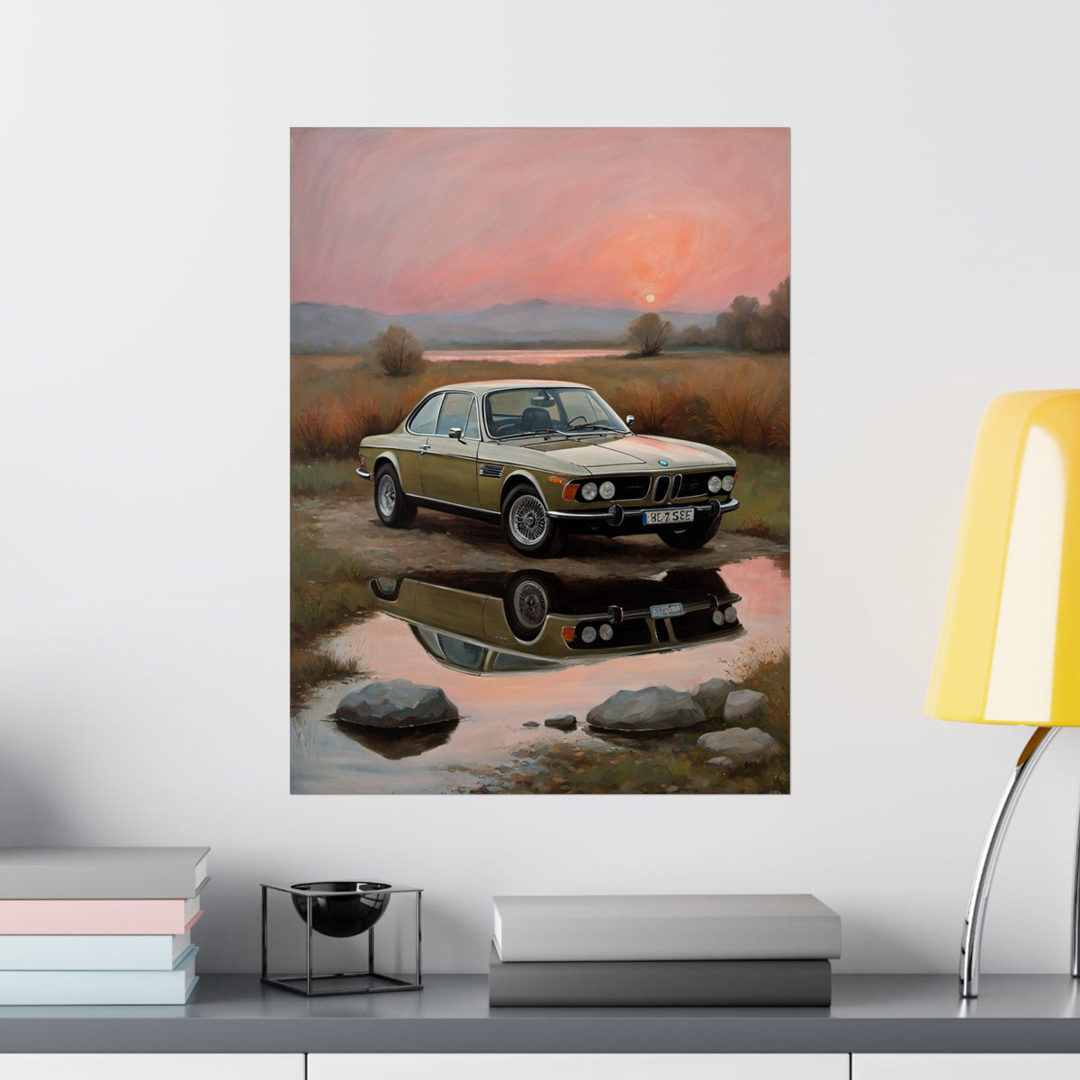 1973 BMW 30 CSL Wall Art Polaris Silver Gold Lake Sunset Water Reflection Poster Classic German Sports Coupe Oil Painting Fine Art Print for Home Office Decor