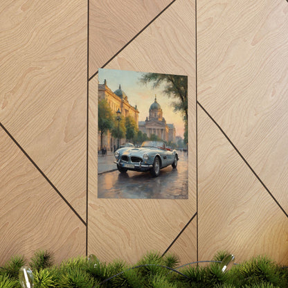 Vintage 1957 BMW 507 Roadster Poster | European City Boulevard Sunset Wall Art | Impressionist European Classic Sports Car Fine Art Paper Print