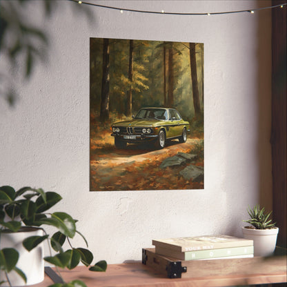 1973 BMW 30 CSL Wall Art Taiga Metallic Green Autumn Forest Sunlight Poster Classic German Sports Coupe Oil Painting Fine Art Print for Home Office Decor