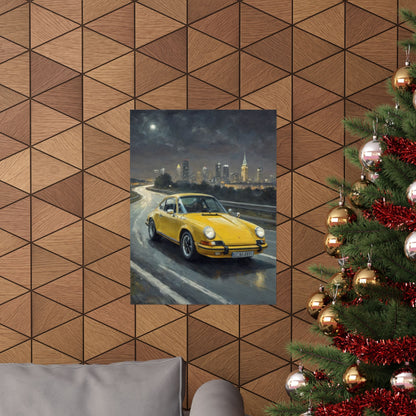 1973 Porsche 911 Wall Art Signal Yellow Night Highway City Skyline Full Moon Poster Classic German Sports Car Oil Painting Fine Art Print for Home Office Decor