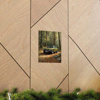 1973 BMW 30 CSL Wall Art Taiga Metallic Green Autumn Forest Sunlight Poster Classic German Sports Coupe Oil Painting Fine Art Print for Home Office Decor