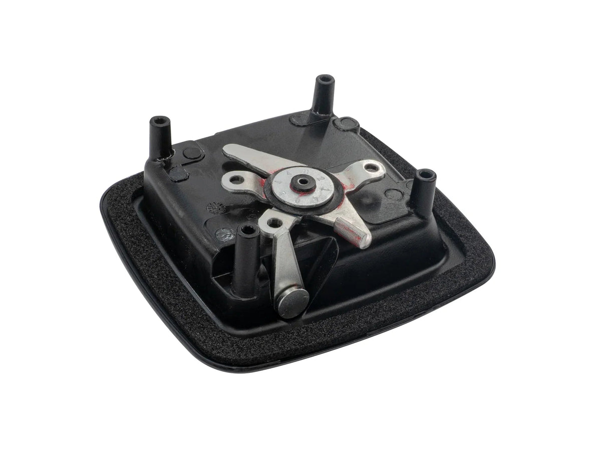 GoWesty rear bench seat latch for Eurovan Winnebago, close-up view showing metal latch mechanism and attachment points.