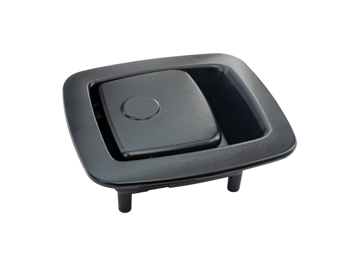 GoWesty rear bench seat latch for Eurovan Winnebago, close-up of latch mechanism on seat parts for vehicle interior.