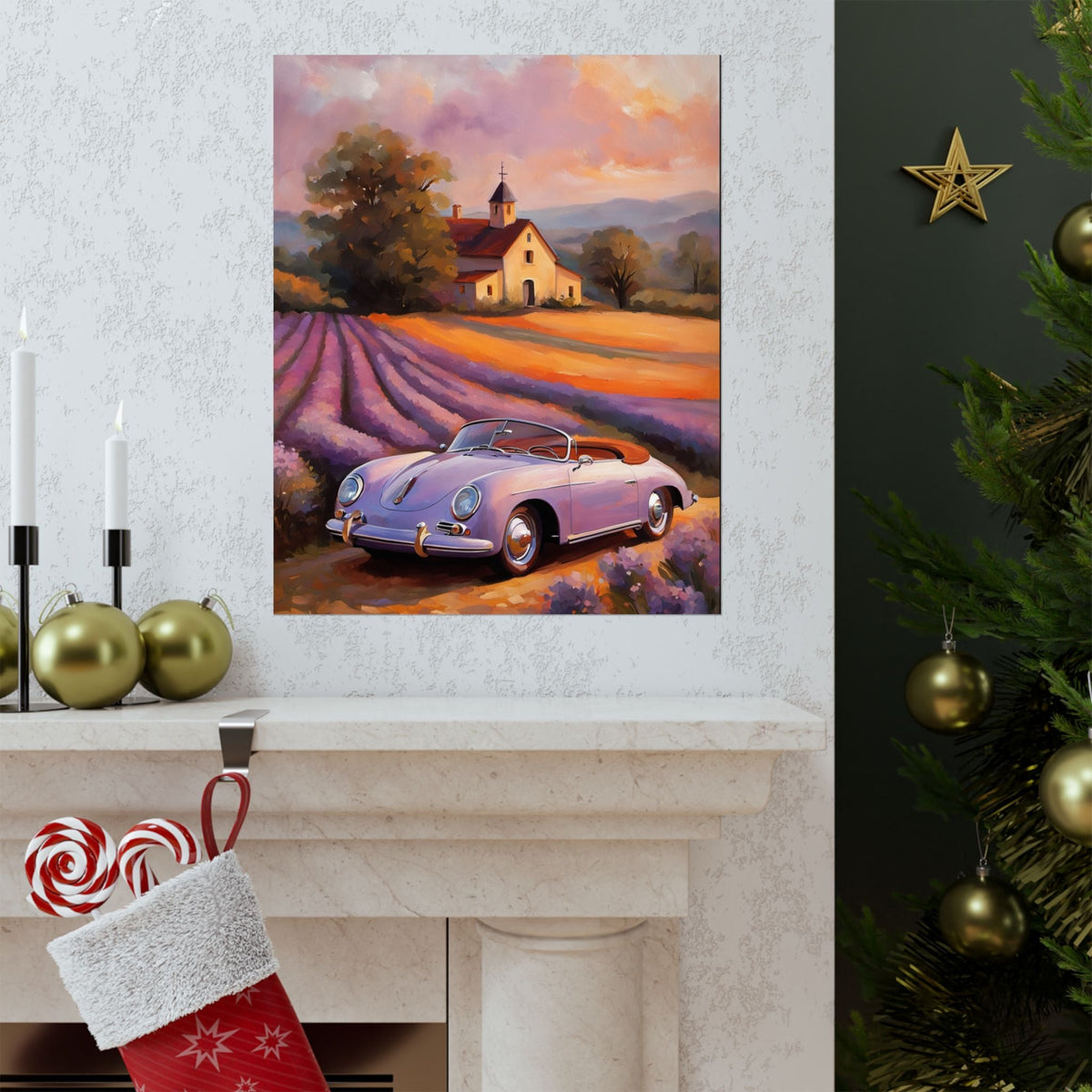 Vintage 1956 Porsche 356 Speedster Poster | Provence Lavender Field Sunset Wall Art | Impressionist European Classic Sports Car Fine Art Paper Print