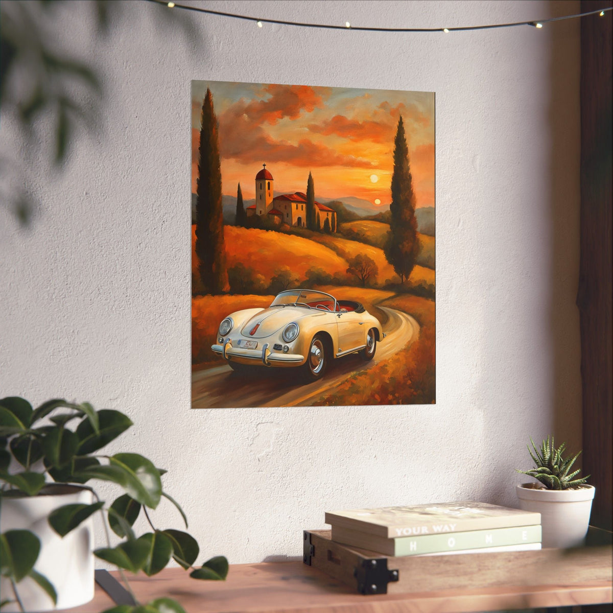 Vintage 1956 Porsche 356 Speedster Poster | Tuscan Countryside Sunset Wall Art | Impressionist European Classic Sports Car Fine Art Paper Print