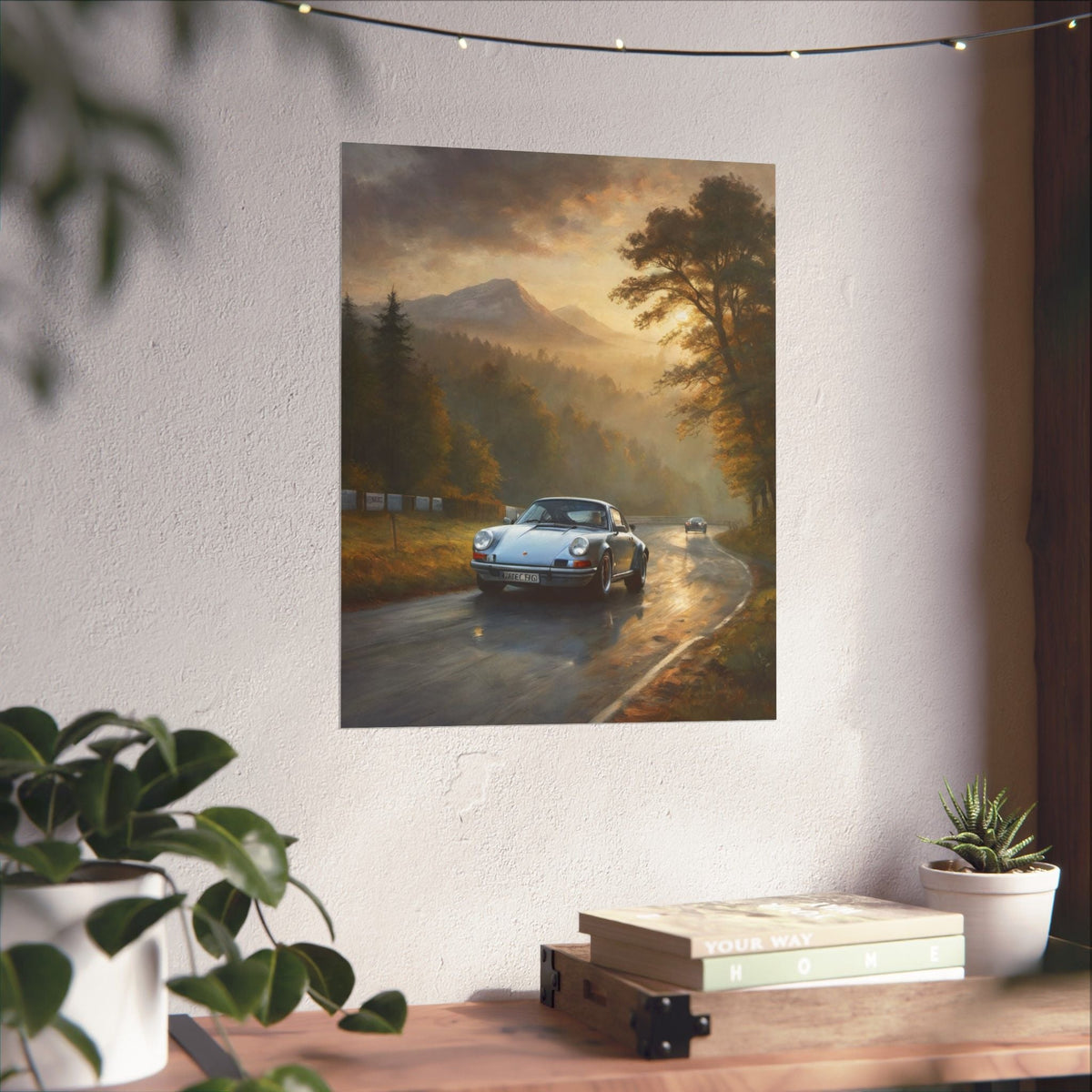 1973 Porsche 911 Wall Art Silver Metallic Nürburgring Nordschleife Misty Forest Racetrack Sunrise Poster Classic German Sports Car Oil Painting Fine Art Print for Home Office Decor