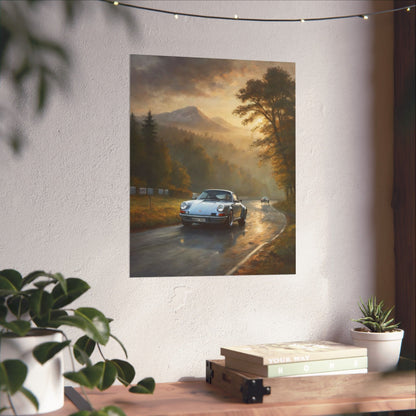1973 Porsche 911 Wall Art Silver Metallic Nürburgring Nordschleife Misty Forest Racetrack Sunrise Poster Classic German Sports Car Oil Painting Fine Art Print for Home Office Decor