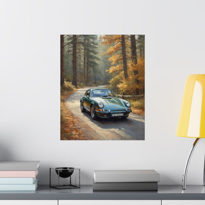 1973 Porsche 911 Wall Art Forest Green Autumn Pine Forest Dirt Road Poster Classic German Sports Car Oil Painting Fine Art Print for Home Office Decor