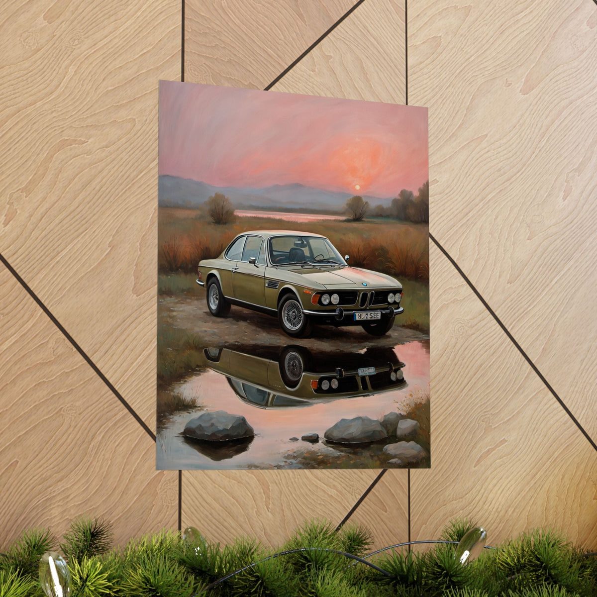 1973 BMW 30 CSL Wall Art Polaris Silver Gold Lake Sunset Water Reflection Poster Classic German Sports Coupe Oil Painting Fine Art Print for Home Office Decor