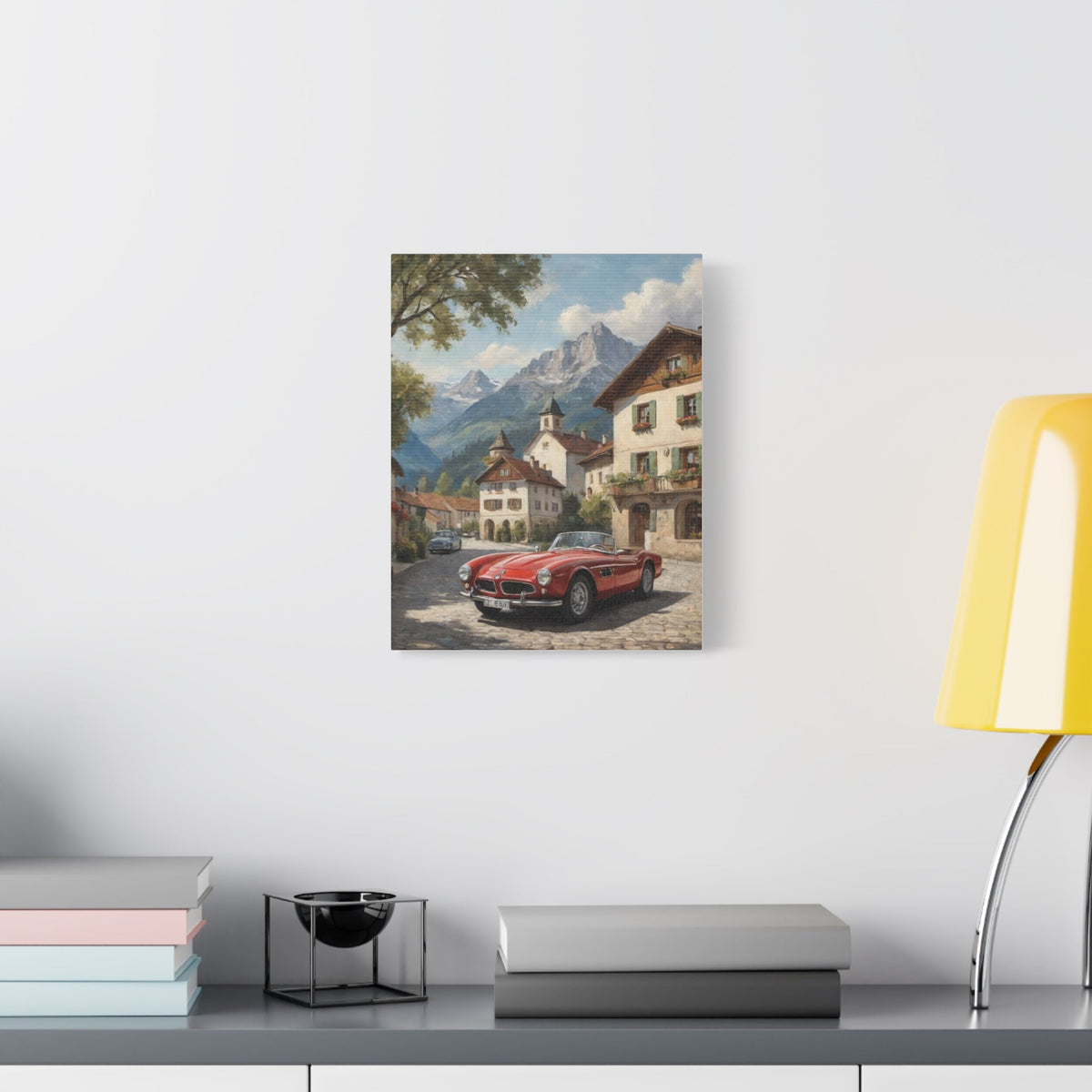 Vintage 1957 BMW 507 Roadster Canvas Wall Art | Bavarian Alpine Village Canvas Print | Impressionist Classic European Sports Car Art for Living Room & Office