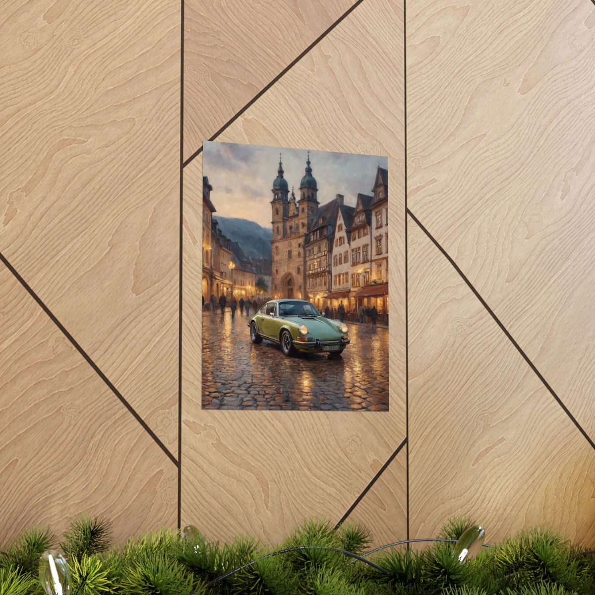 1973 Porsche 911 Wall Art Lime Yellow Green Old German Town Cobblestone Dusk Poster Classic German Sports Car Oil Painting Fine Art Print for Home Office Decor