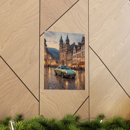 1973 Porsche 911 Wall Art Lime Yellow Green Old German Town Cobblestone Dusk Poster Classic German Sports Car Oil Painting Fine Art Print for Home Office Decor