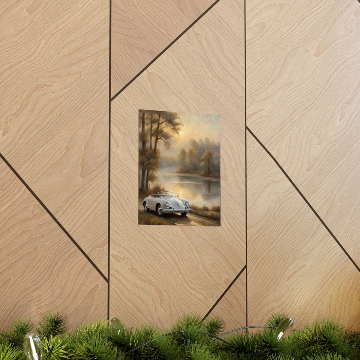 Vintage 1956 Porsche 356 Speedster Poster | Misty Lakeside Sunrise Wall Art | Impressionist European Classic Sports Car Fine Art Paper Print