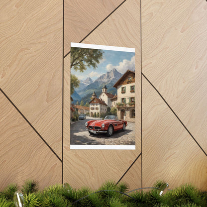 Vintage 1957 BMW 507 Roadster Poster | Bavarian Alpine Village Wall Art | Impressionist European Classic Sports Car Fine Art Paper Print