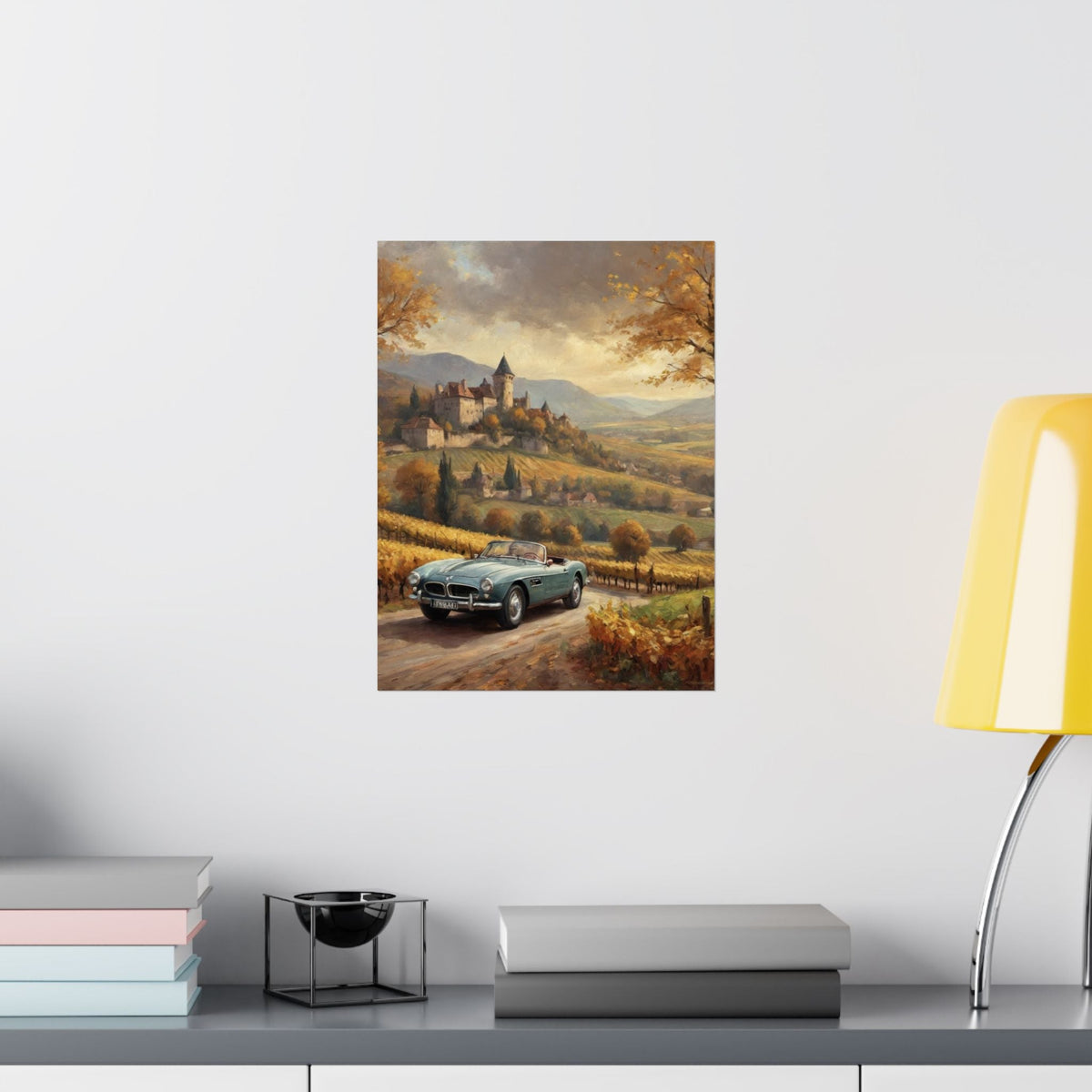 Vintage 1957 BMW 507 Roadster Poster | Autumn Vineyard Castle Valley Wall Art | Impressionist European Classic Sports Car Fine Art Paper Print