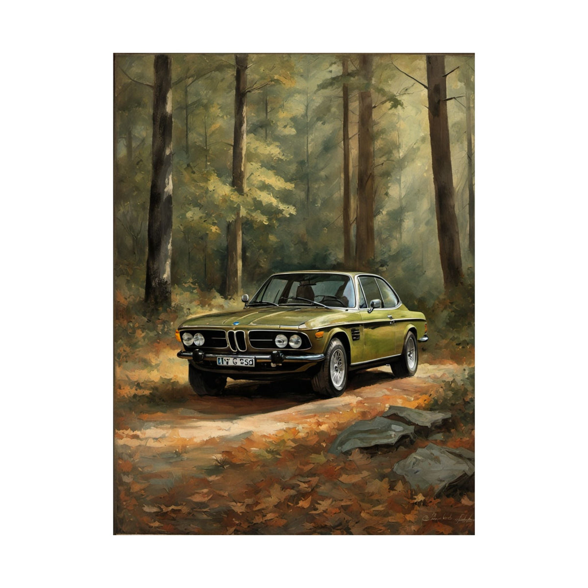 1973 BMW 30 CSL Wall Art Taiga Metallic Green Autumn Forest Sunlight Poster Classic German Sports Coupe Oil Painting Fine Art Print for Home Office Decor