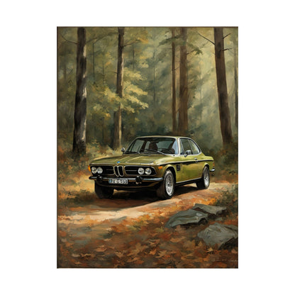 1973 BMW 30 CSL Wall Art Taiga Metallic Green Autumn Forest Sunlight Poster Classic German Sports Coupe Oil Painting Fine Art Print for Home Office Decor