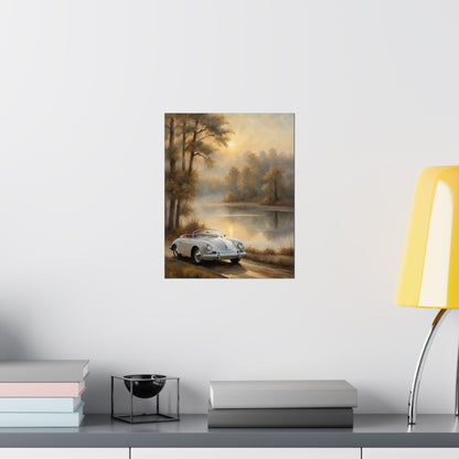 Vintage 1956 Porsche 356 Speedster Poster | Misty Lakeside Sunrise Wall Art | Impressionist European Classic Sports Car Fine Art Paper Print
