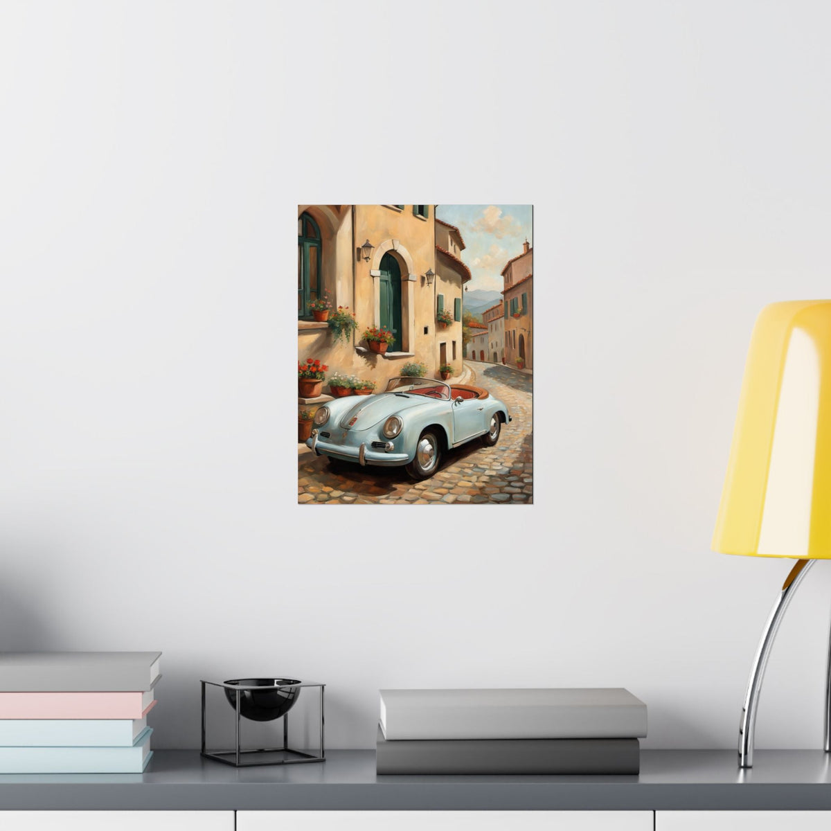 Vintage 1956 Porsche 356 Speedster Poster | Italian Village Street Wall Art | Impressionist European Classic Sports Car Fine Art Paper Print