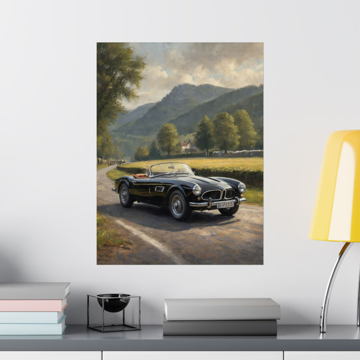 Vintage 1957 BMW 507 Roadster Poster | Countryside Mountain Road Wall Art | Impressionist European Classic Sports Car Fine Art Paper Print
