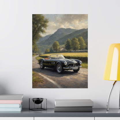 Vintage 1957 BMW 507 Roadster Poster | Countryside Mountain Road Wall Art | Impressionist European Classic Sports Car Fine Art Paper Print