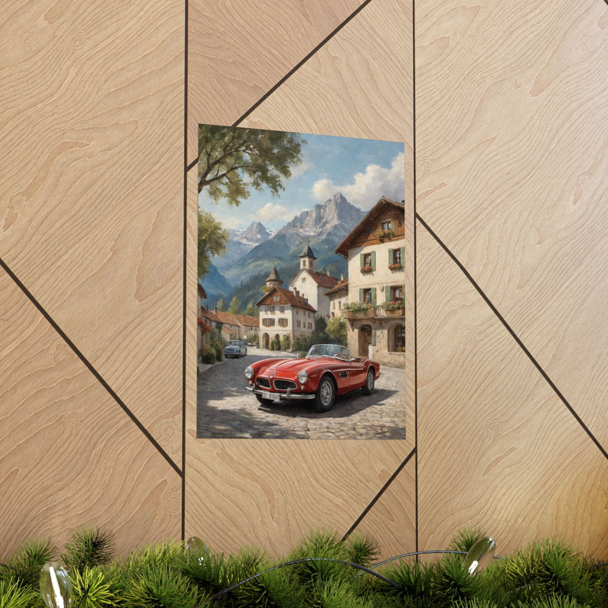 Vintage 1957 BMW 507 Roadster Poster | Bavarian Alpine Village Wall Art | Impressionist European Classic Sports Car Fine Art Paper Print