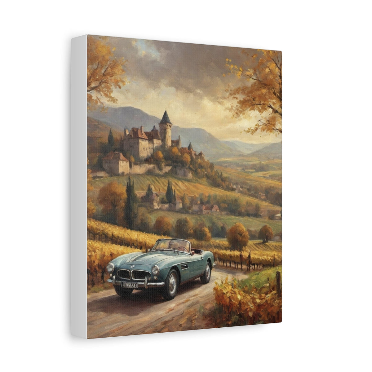 Vintage 1957 BMW 507 Roadster Canvas Wall Art | Autumn Vineyard Castle Valley Canvas Print | Impressionist Classic European Sports Car Art for Living Room & Office