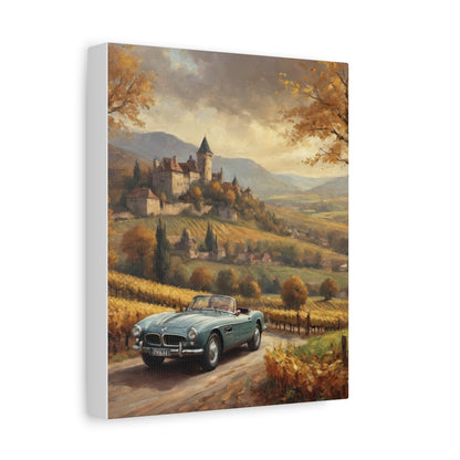 Vintage 1957 BMW 507 Roadster Canvas Wall Art | Autumn Vineyard Castle Valley Canvas Print | Impressionist Classic European Sports Car Art for Living Room & Office