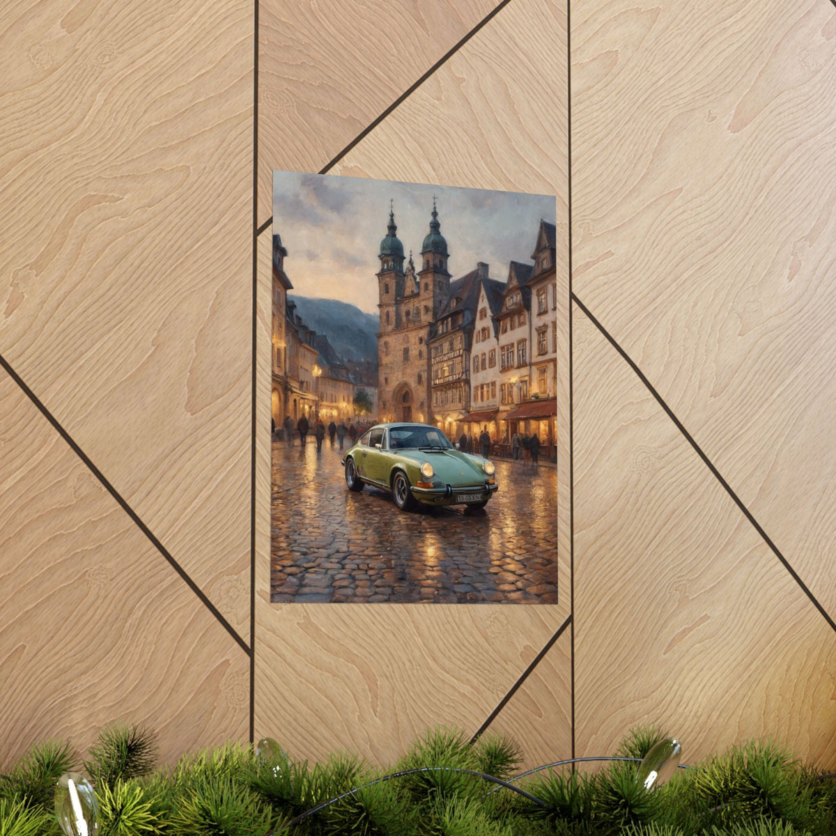 1973 Porsche 911 Wall Art Lime Yellow Green Old German Town Cobblestone Dusk Poster Classic German Sports Car Oil Painting Fine Art Print for Home Office Decor