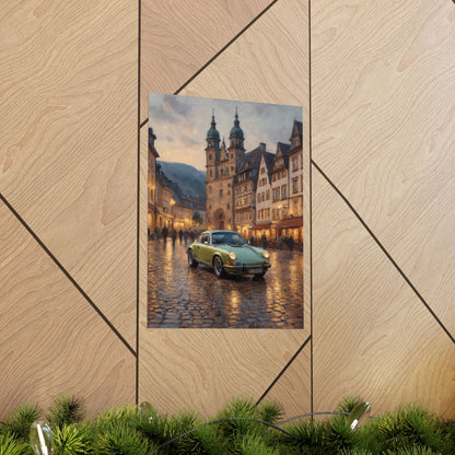 1973 Porsche 911 Wall Art Lime Yellow Green Old German Town Cobblestone Dusk Poster Classic German Sports Car Oil Painting Fine Art Print for Home Office Decor