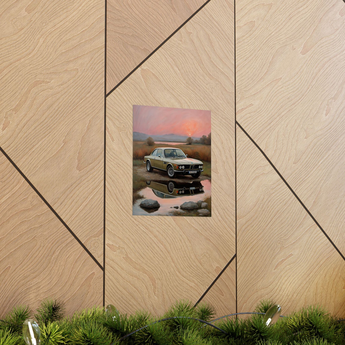 1973 BMW 30 CSL Wall Art Polaris Silver Gold Lake Sunset Water Reflection Poster Classic German Sports Coupe Oil Painting Fine Art Print for Home Office Decor