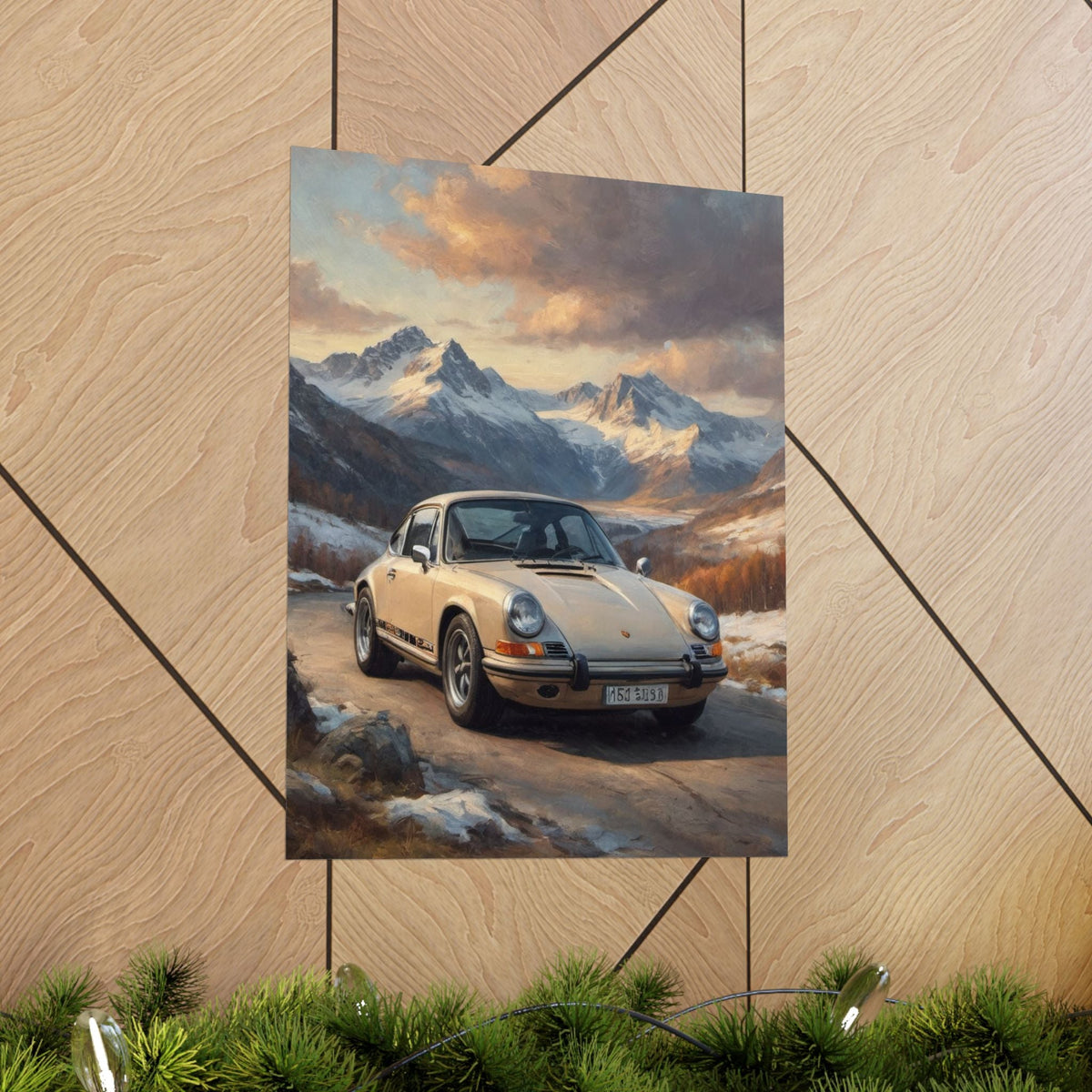 1973 Porsche 911 Wall Art Beige Sahara Grey Snow Capped Alps Alpine Pass Sunset Poster Classic German Sports Car Oil Painting Fine Art Print for Home Office Decor
