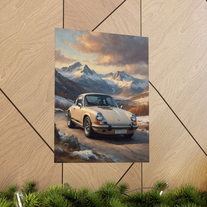 1973 Porsche 911 Wall Art Beige Sahara Grey Snow Capped Alps Alpine Pass Sunset Poster Classic German Sports Car Oil Painting Fine Art Print for Home Office Decor