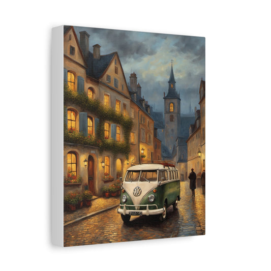 Vintage 1960s VW Type 2 Microbus Canvas Wall Art | European Old Town Twilight Canvas Print | Impressionist Classic Camper Art for Living Room & Office