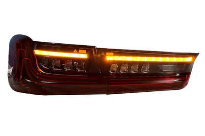 BMW 3 Series G20 G28 laser tail lights in red and smoked CSL style by K2 Industries, installed on a 2019-2024 model.