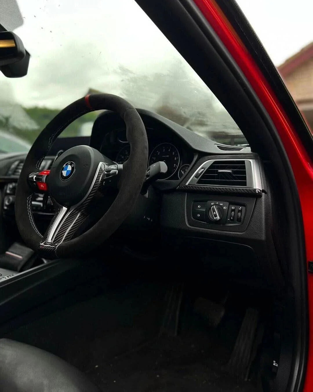 K2 Industries carbon fiber gear shift knob and panel cover trim for BMW F20, F22, F30, F32, F10, F07, F01, X3, X4 (2011-2019).