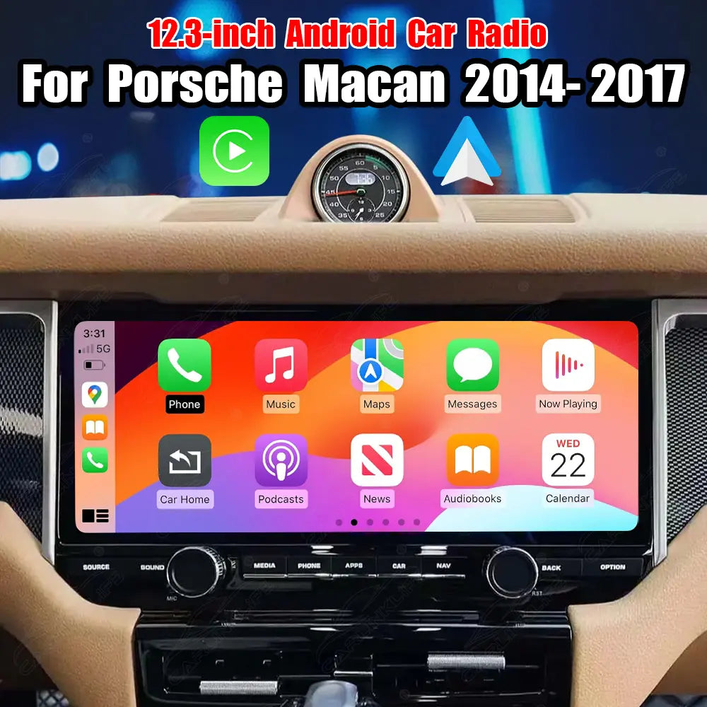12.3-inch Android car radio for Porsche Macan 2014-2017 by Carlinklife, featuring multimedia display and CarPlay integration.