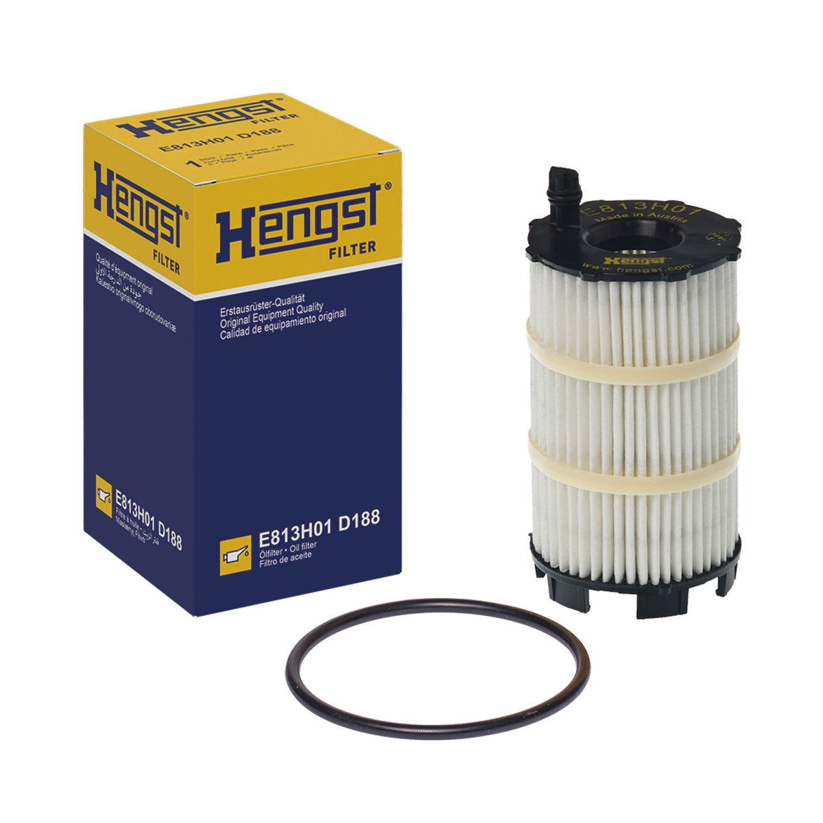 Audi VW Porsche engine oil filter E813H01 by WorldPac, showing the cylindrical filter with metal casing and brand markings.