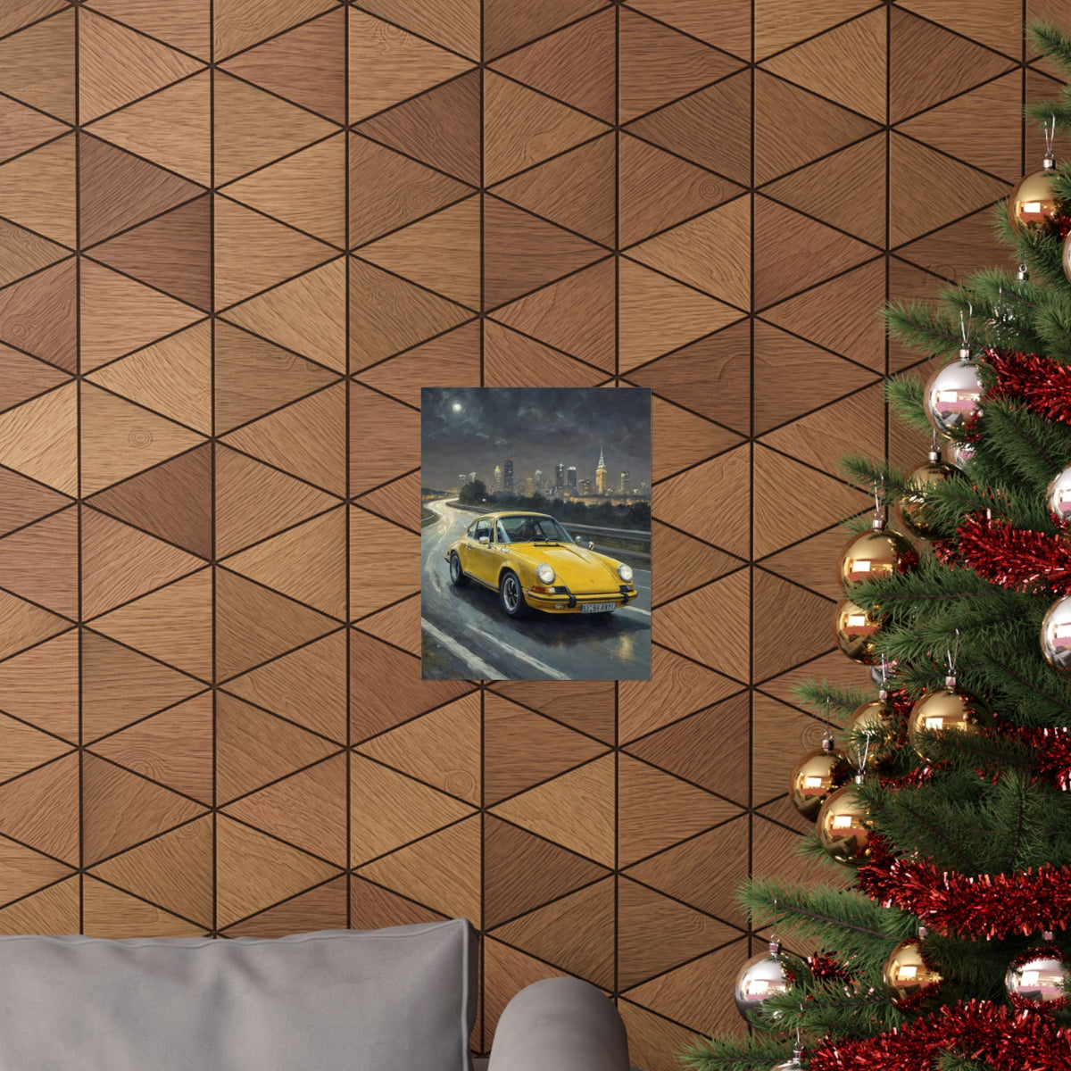 1973 Porsche 911 Wall Art Signal Yellow Night Highway City Skyline Full Moon Poster Classic German Sports Car Oil Painting Fine Art Print for Home Office Decor