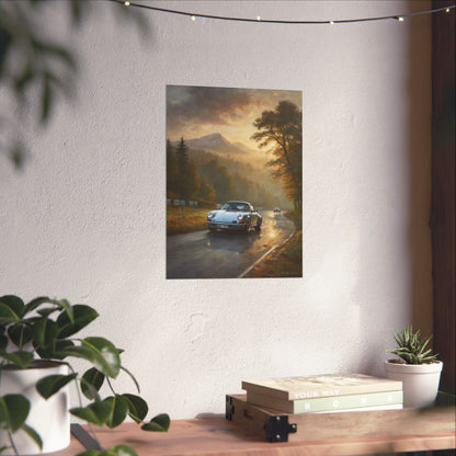 1973 Porsche 911 Wall Art Silver Metallic Nürburgring Nordschleife Misty Forest Racetrack Sunrise Poster Classic German Sports Car Oil Painting Fine Art Print for Home Office Decor