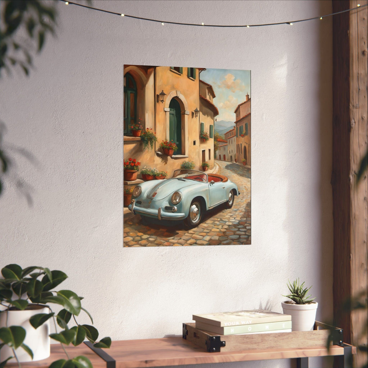 Vintage 1956 Porsche 356 Speedster Poster | Italian Village Street Wall Art | Impressionist European Classic Sports Car Fine Art Paper Print