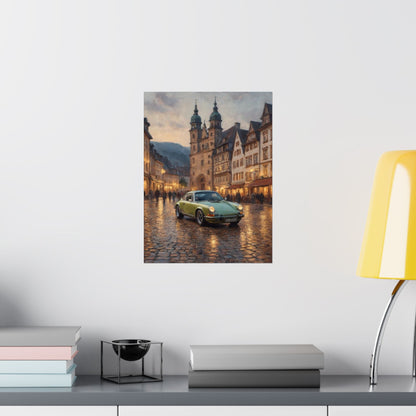 1973 Porsche 911 Wall Art Lime Yellow Green Old German Town Cobblestone Dusk Poster Classic German Sports Car Oil Painting Fine Art Print for Home Office Decor