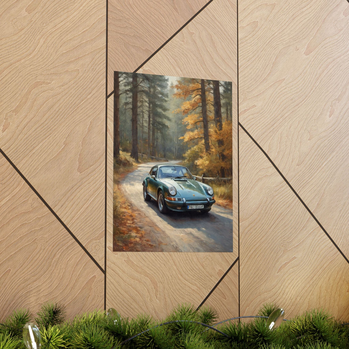 1973 Porsche 911 Wall Art Forest Green Autumn Pine Forest Dirt Road Poster Classic German Sports Car Oil Painting Fine Art Print for Home Office Decor