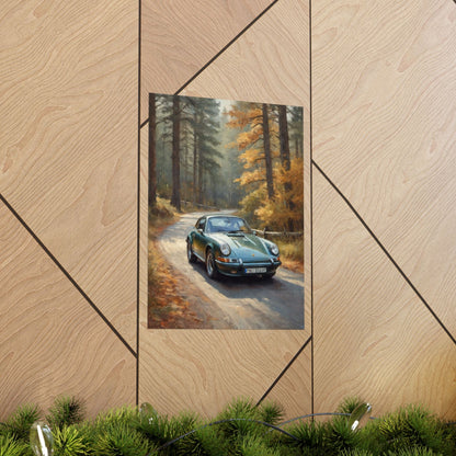 1973 Porsche 911 Wall Art Forest Green Autumn Pine Forest Dirt Road Poster Classic German Sports Car Oil Painting Fine Art Print for Home Office Decor